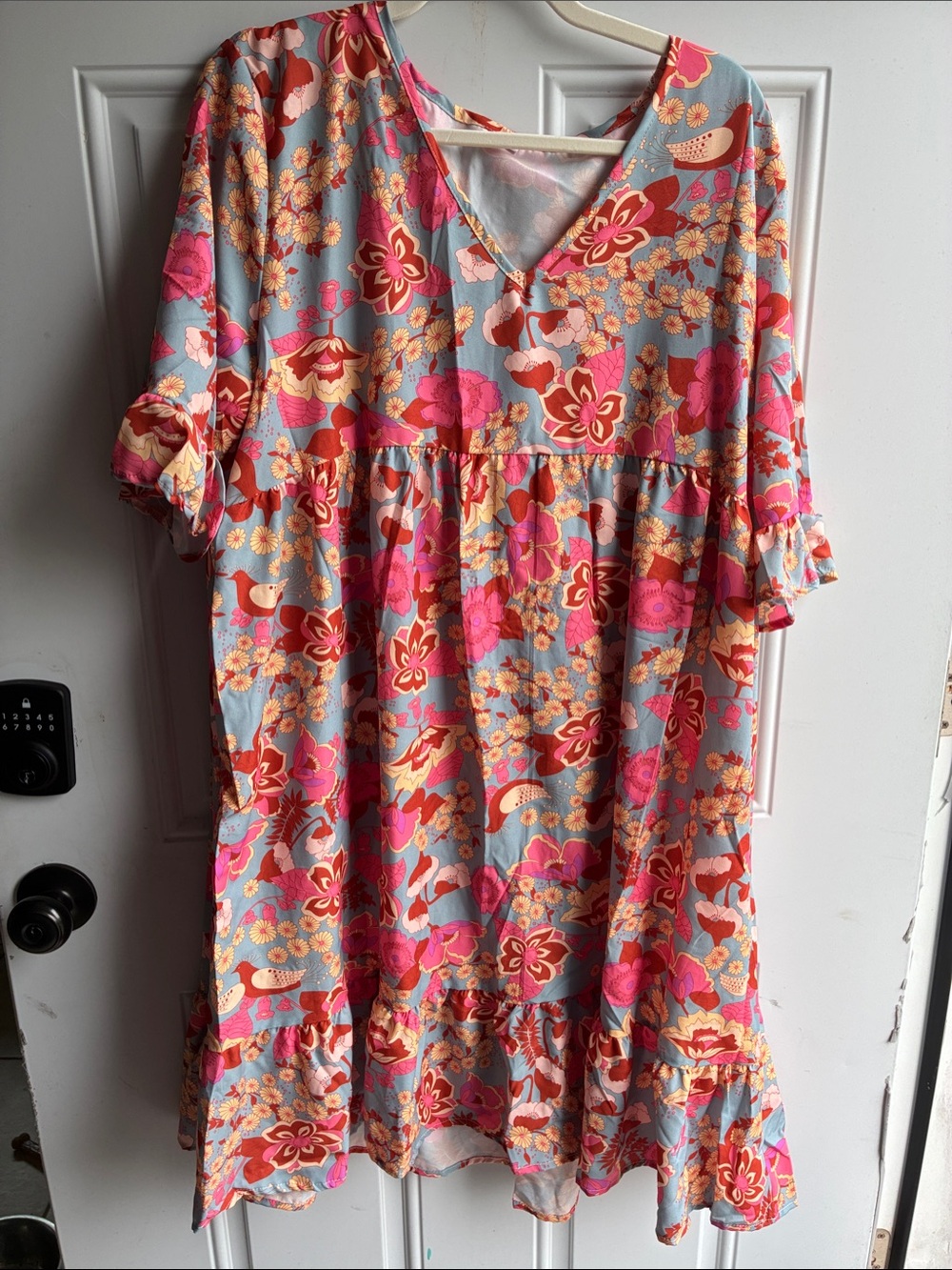 Floral V-Neck Tiered Dress in Pink & Light Blue